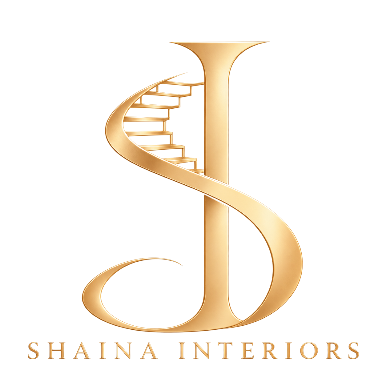 Shaina Interiors champagne-gold SI monogram with integrated staircase and the words Shaina Interiors